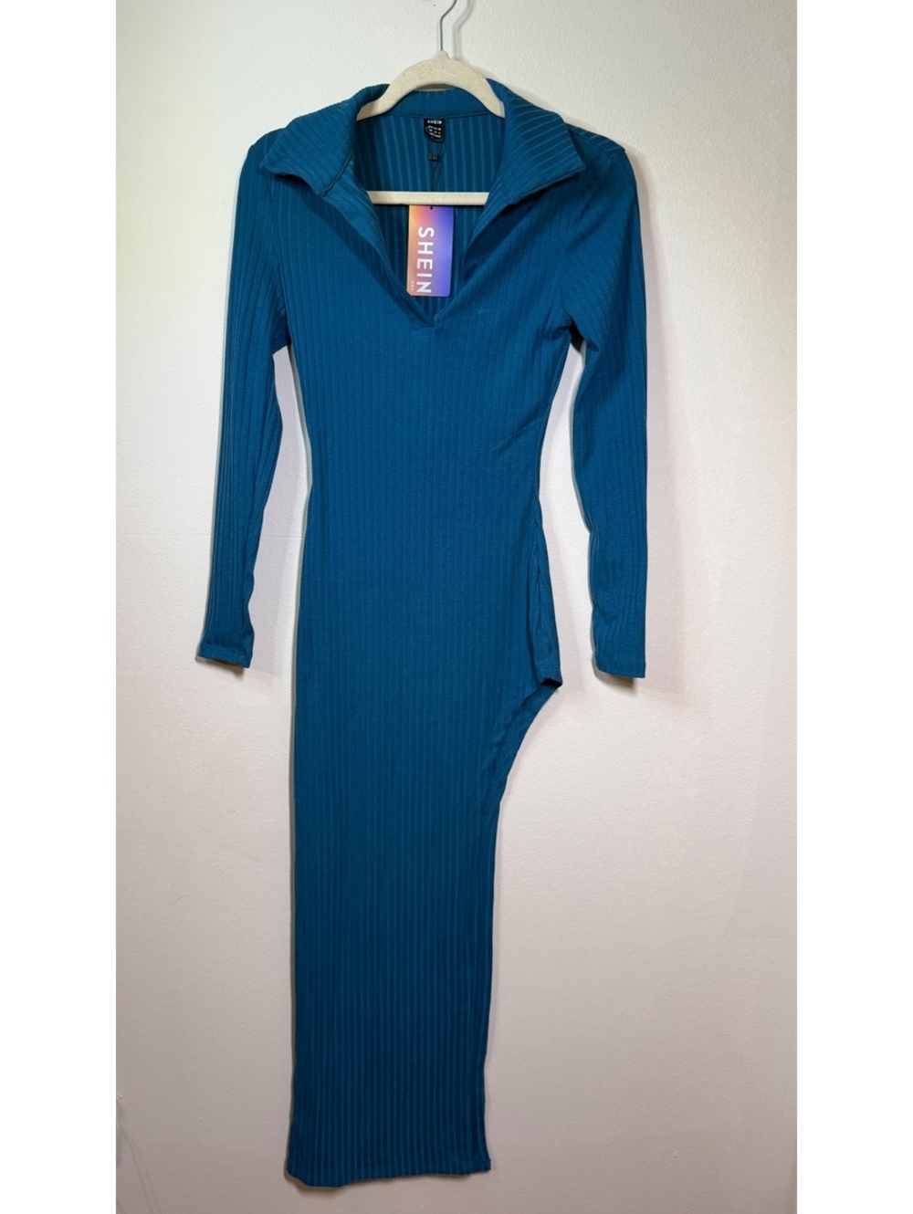 SHEIN Long Sleeve Ribbed Maxi Dress with Collar in Teal